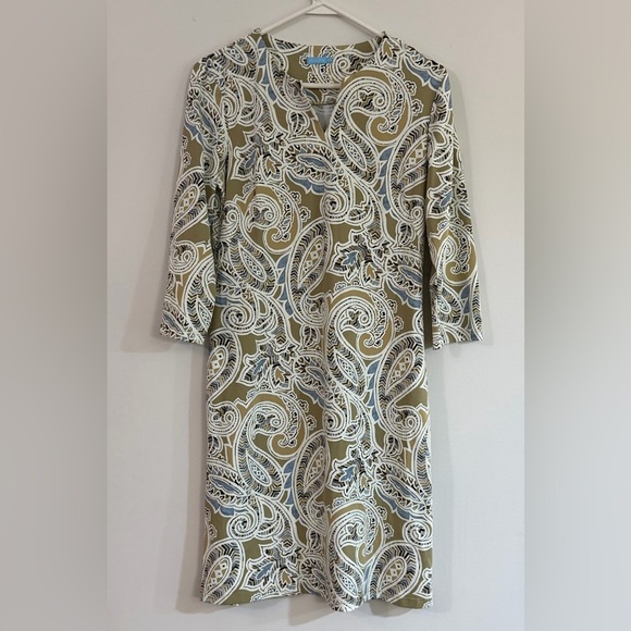 J. McLaughlin Carly Sheath Dress Catalina Cloth Preppy Taupe Paisley Sz Medium - Picture 2 of 12